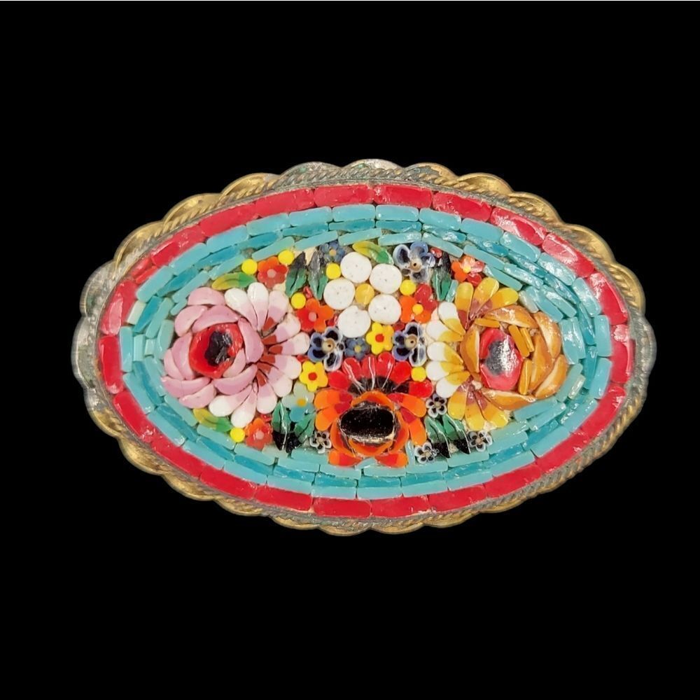 Antique Vintage Micro Mosaic Floral Metal Brooch Pin Back